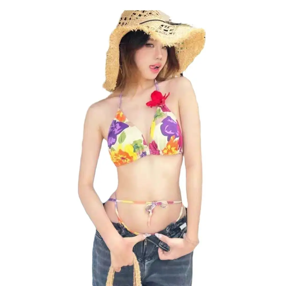 

Sexy Vintage Floral Triangle Bikini Set for Women Halter Tie Side Summer Beach Bathing Suit