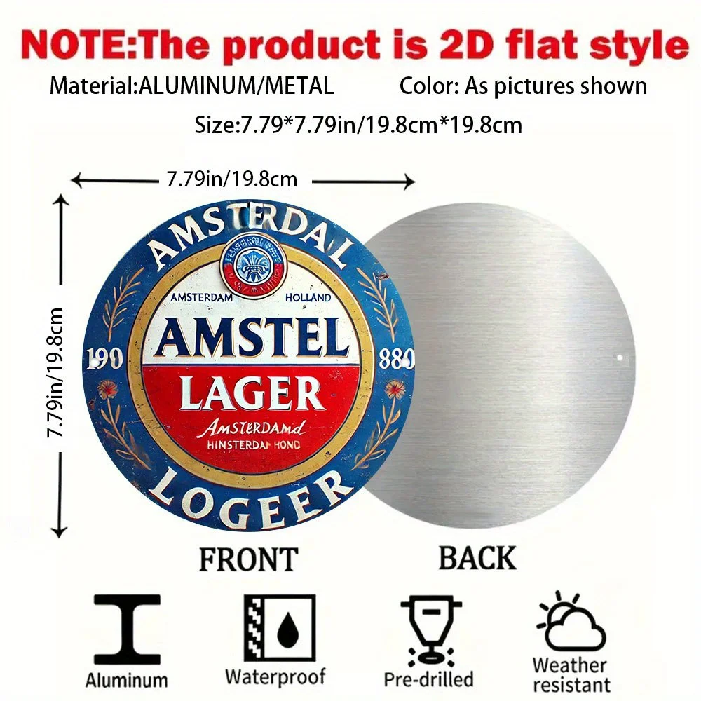 2D Flat, Amstel Beer Vintage Dutch 1606 Amsterdam Badge Metal Wall Sign - Heavy-Duty Retro European Beer Plaque Suitable for Bar
