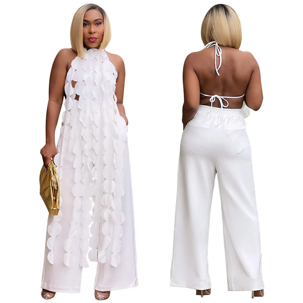 

Women Solid Summer Two Piece Set Hollow Out Long Tassel Lace Up Halter Backless Tank Top + Wide Leg Pants Casual Streetwear Suit