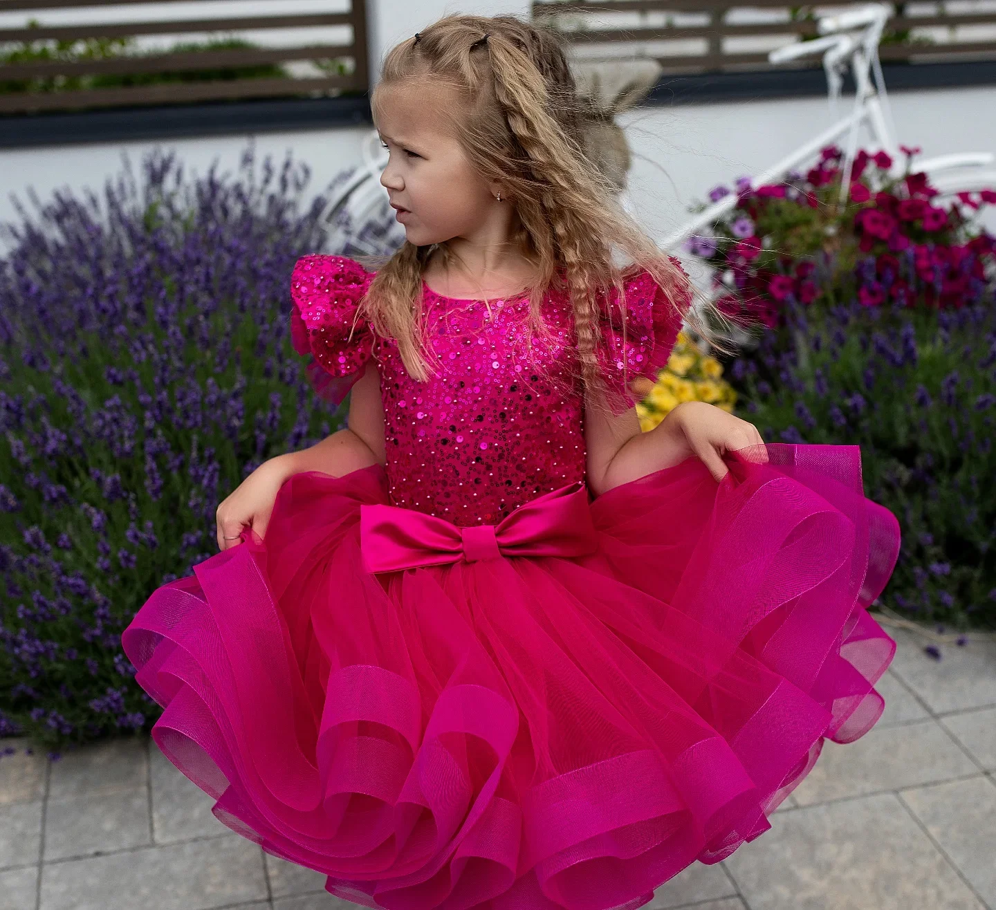 فستان فتاة الزهور للأطفال لحفلات أعياد الميلاد، فستان وردي ساخن للأطفال الصغار، فستان قصير مزين بالترتر، طول الركبة، أكمام قصيرة متدرجة #2