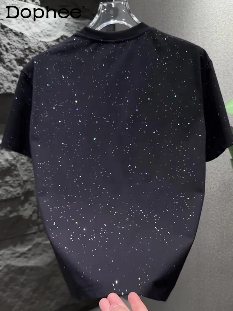 

Summer New Fashion Trend Drape Casual Heavy Industry Hot Diamond Short-sleeved T-shirt Round Neck Loose Youth Top