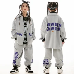 Children Street Dance Outfits Hip Hop Dance Costume Gray Shirt Pants Loose Long Sleeves Jazz Performance Suit Girls Boys BL11662