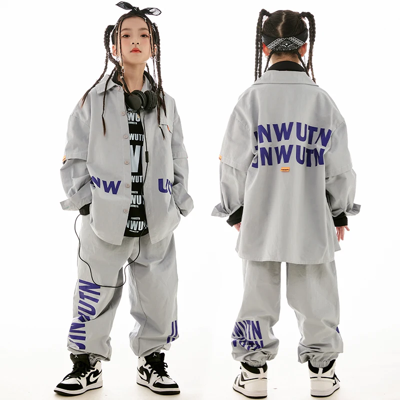 Children Street Dance Outfits Hip Hop Dance Costume Gray Shirt Pants Loose Long Sleeves Jazz Performance Suit Girls Boys BL11662