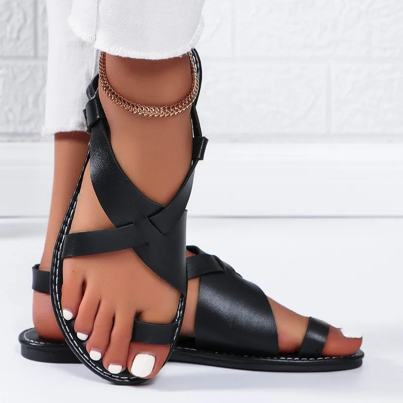 

New Women's Cross Strap Toe Loop Flat Slippers Solid Color Open Toe Non Slip Slides Shoes Summer Outdoor Roman Casual Sandals