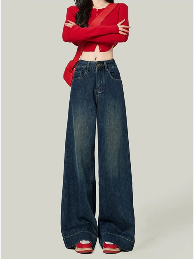 New Retro Blue High Waist Women Jeans New Slim Fashion Woman Jeans Blue Street Casual Loose Wide Leg Pants Female Chicly