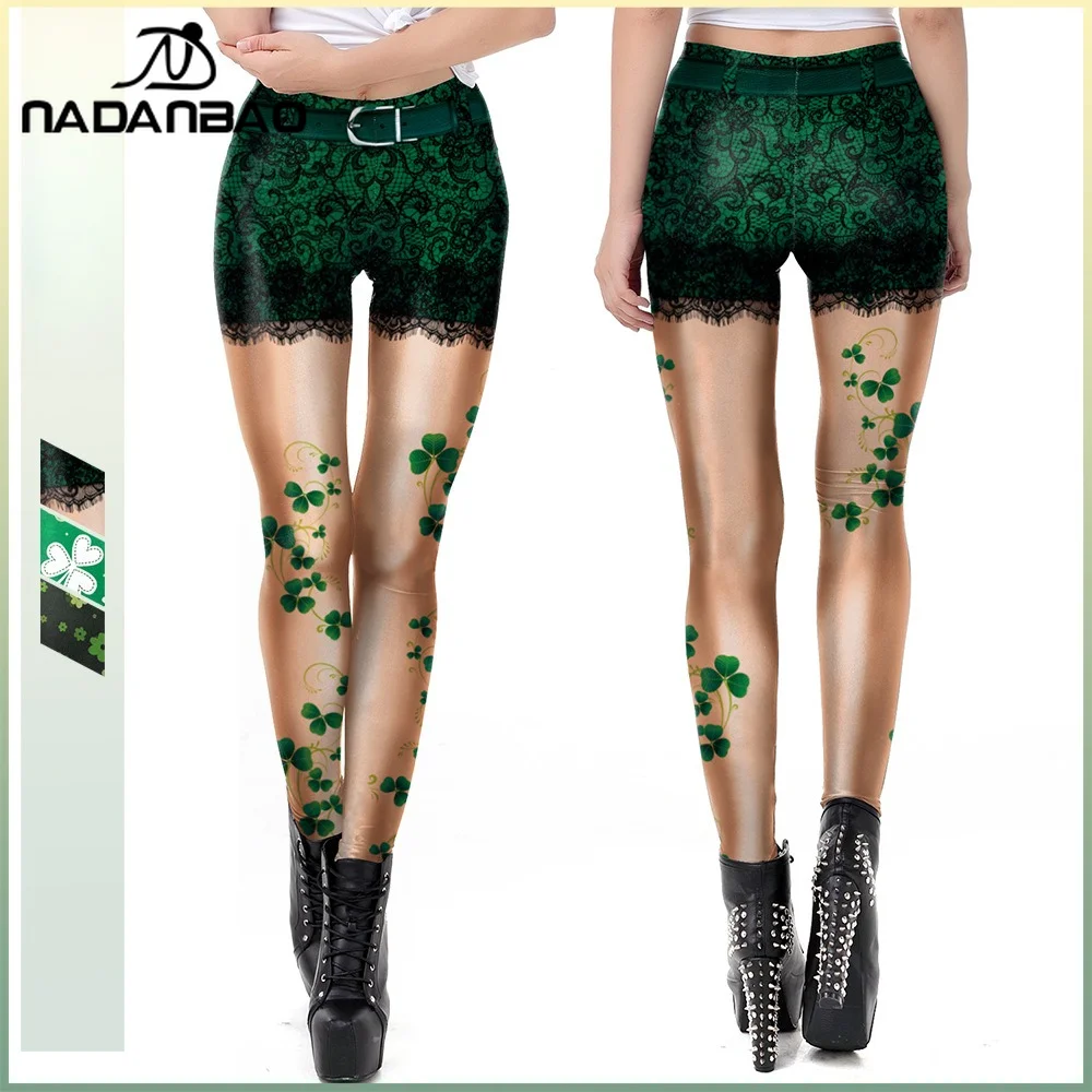 Nadanbao Green Clover Stockings Print Leggings St. Patrick's Day Casual Women Trousers Yoga Pants Summer Sexy Slim Thin Bottoms