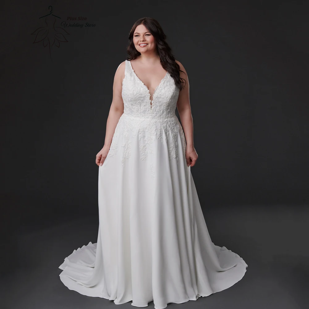 

Classic V Neck Chiffon Wedding Dresses Plus Size A-Line Bride Gowns Applique Sleeveless Back Button Sweep Train Vestido De Noiva