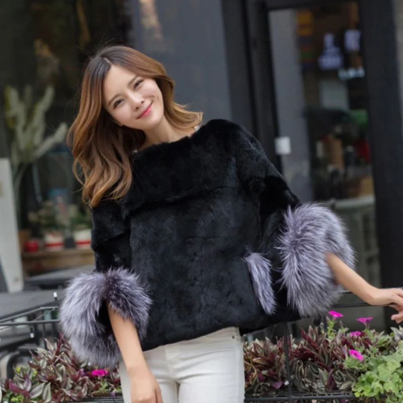 Sliver Fox Fur Patchwork Sleeve for Genuine Mink Coat Women Spring Autumn Luxury Fashion Tops Genuine Real Fur Jacket Female