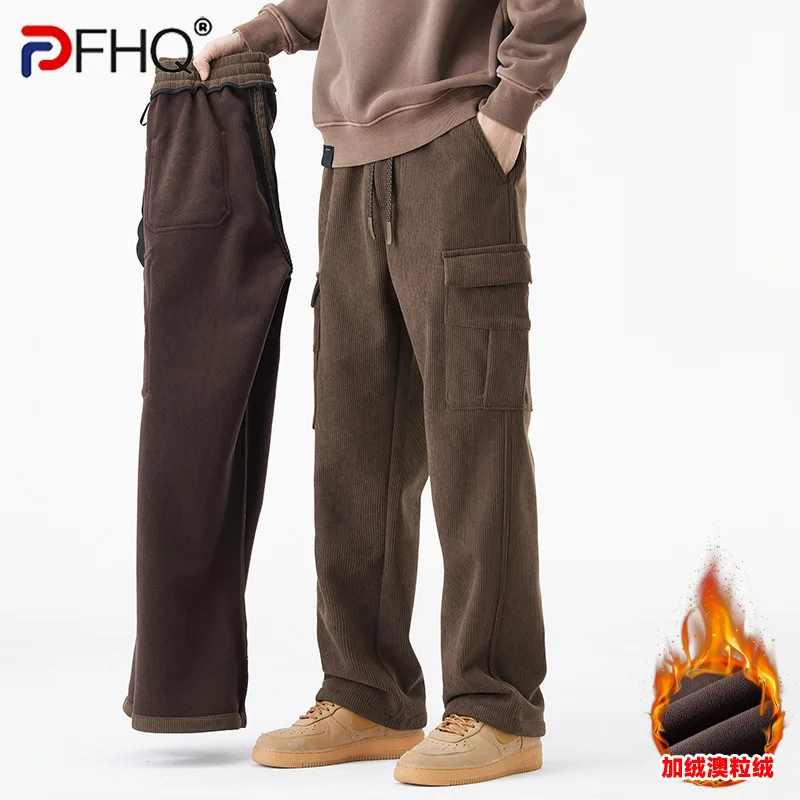 PFHQ Men's Corduroy Cargo Pants Drwastring Big Pocket Straight Wide Leg Bottom Elastic Waist Solid Color Menswear Winter 21Z8143