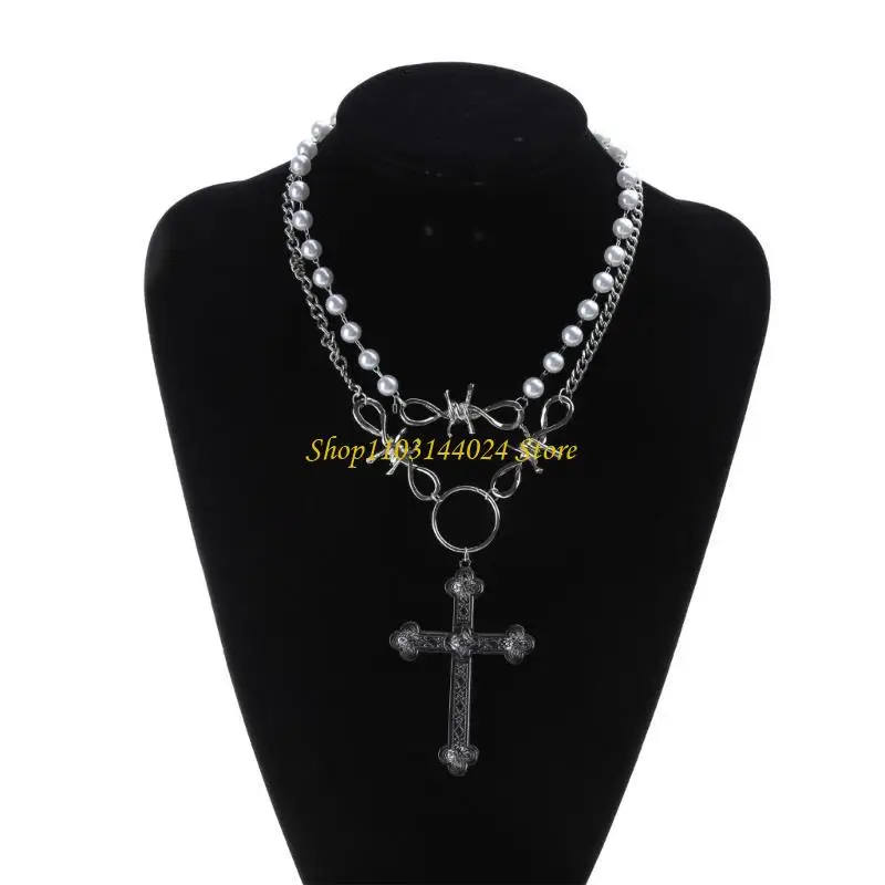 N5KE Gothic Cross-Pendant Necklace Hip Hop Barbed Wire Thorns Choker Necklace