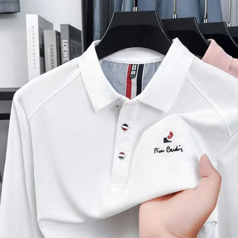 

Мужская рубашка поло оригинального дизайна, футболка с длинным рукавом и лацканами, осенняя новая однотонная изысканная вышивка букв, деловая умная мужская одежда