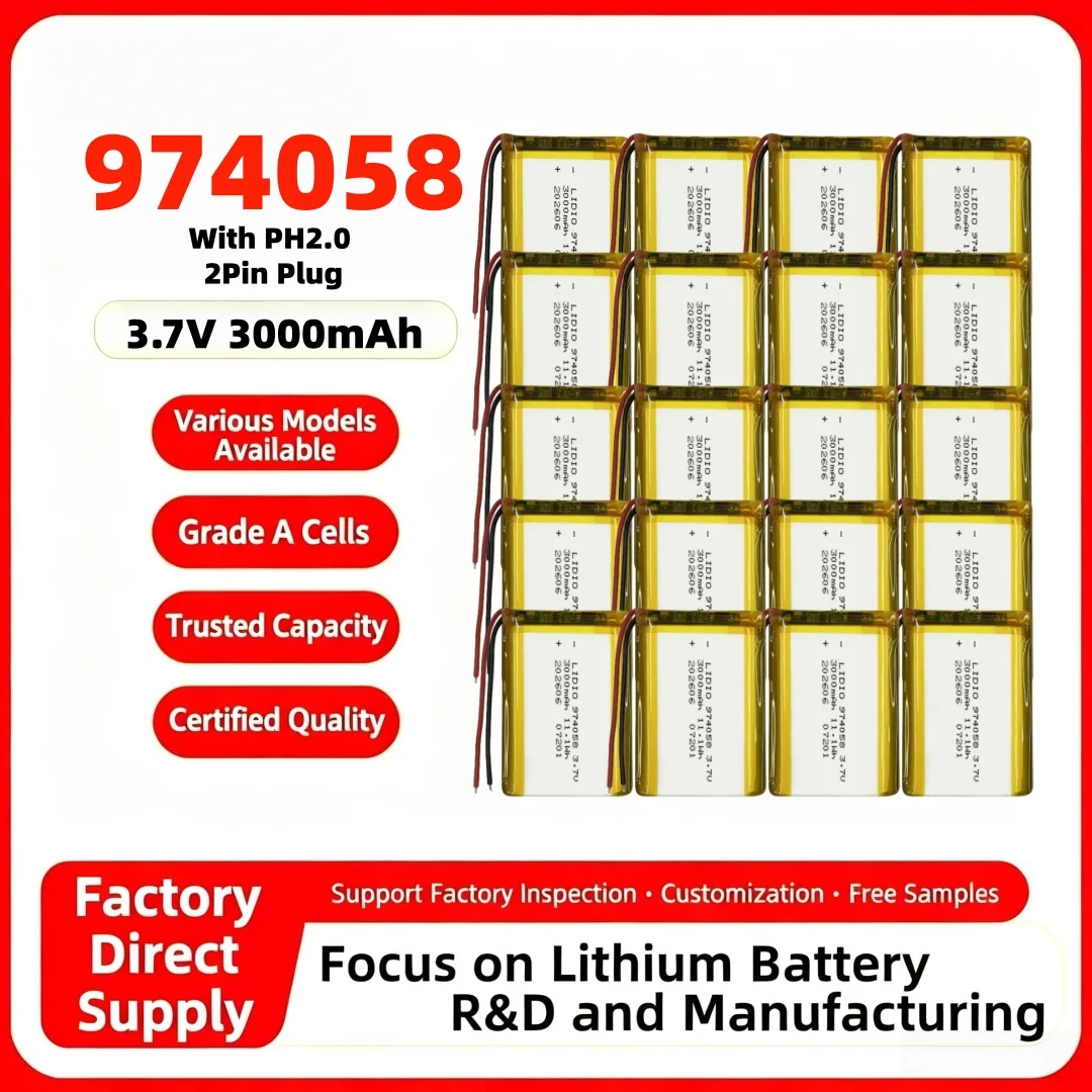 974058 3.7V 3000mAh Lipo Battery Lithium Polymer Batteries PH2.0 2PIN for Massage Meter GPS Navigator Aeromodelling Rechargeable
