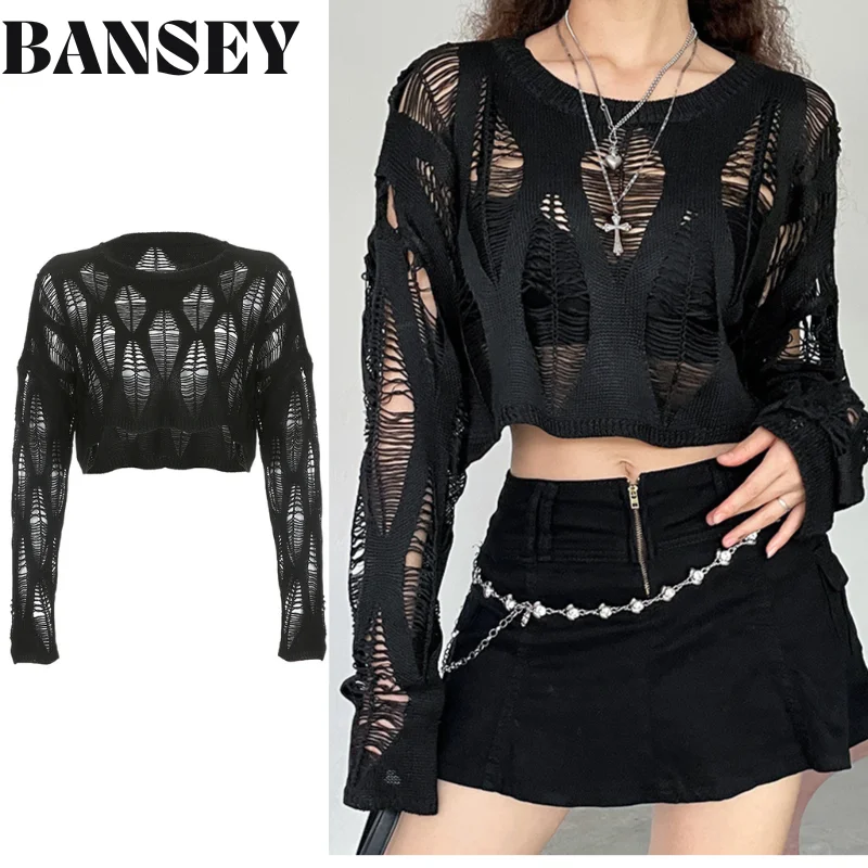 

2025 Women's Gothic Black Lace-Up Crop Top - Chic Long Sleeve Knit Shirt Versatile Fashion Must-Have