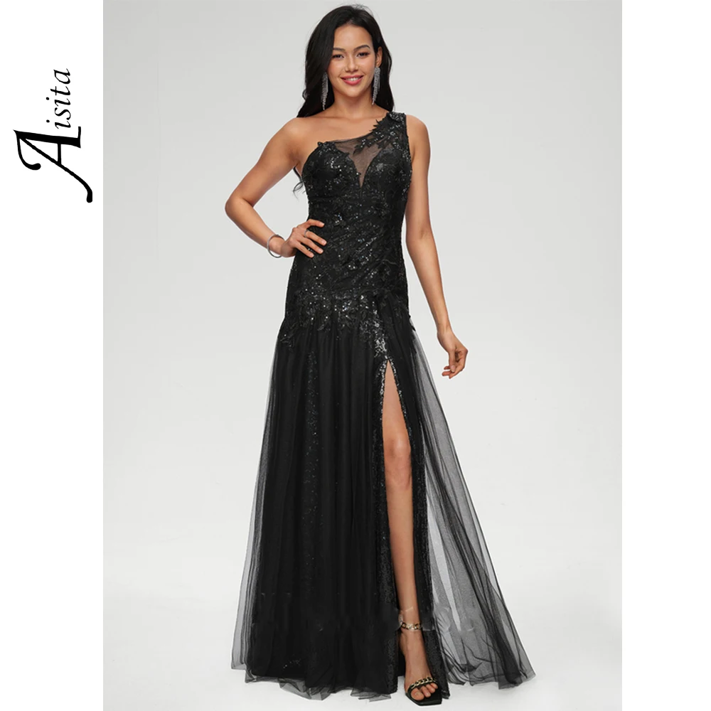 

New Trumpet Evening Dress Black One Shoulder Illusion Party Dresses Lace Tulle Formal Dresses Vestidos De Fiesta فساتين السهرة