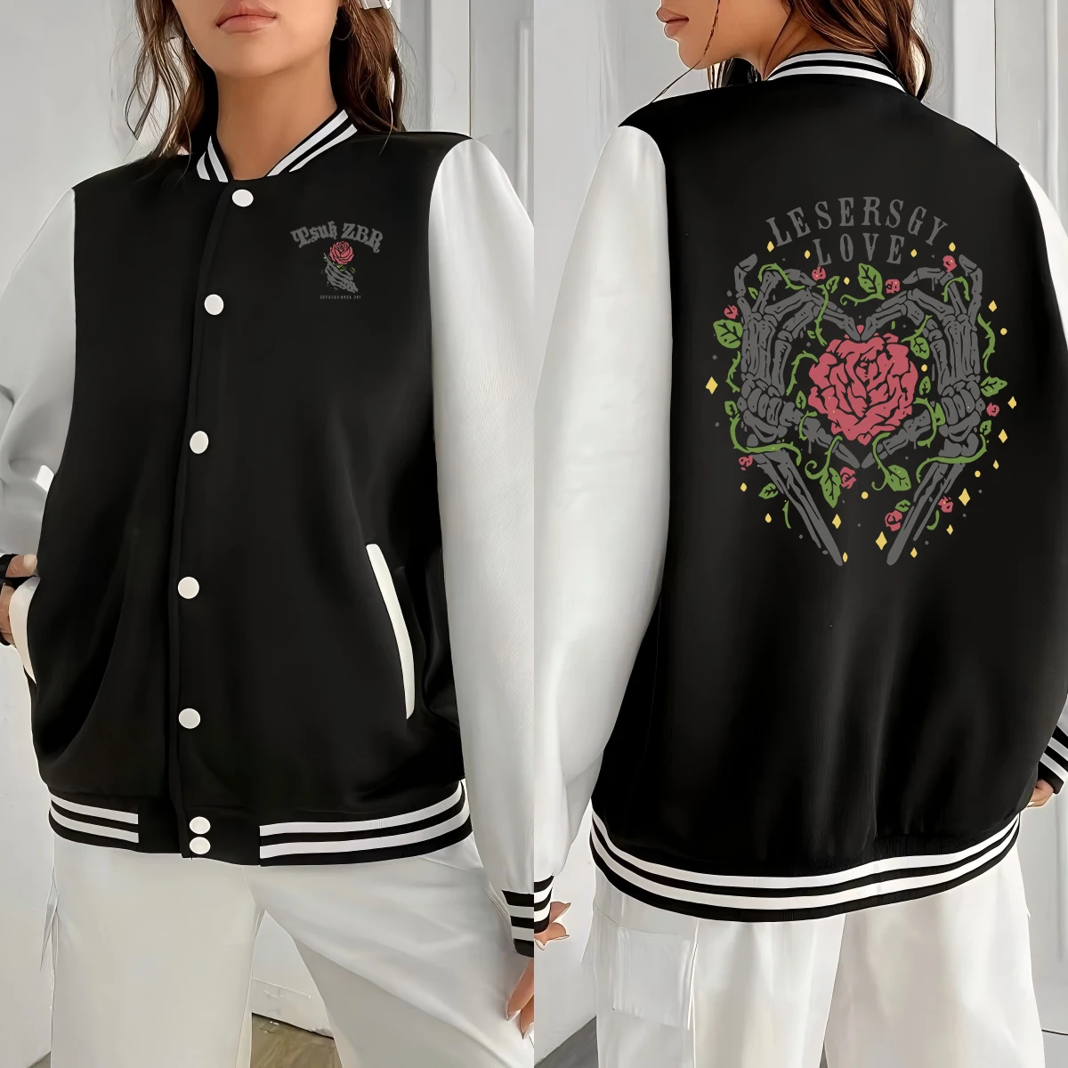 

Skeleton Love Rose Printing Baseball Jersey Womens Casual Button Outerwear Vintage Loose Jacket Y2K Fleece Woman Sportswears
