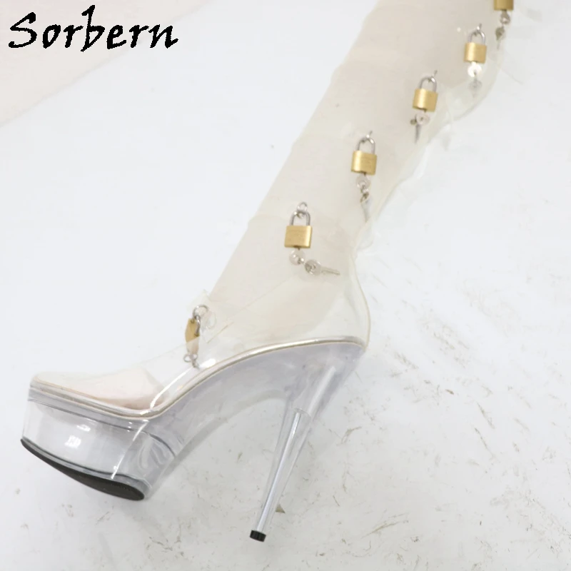 Sorbern 15cm transparente Plexiglas High Heels Gladiator Stil Stiefel Frauen mit Schlössern Multi abschließbare Träger benutzer definierte