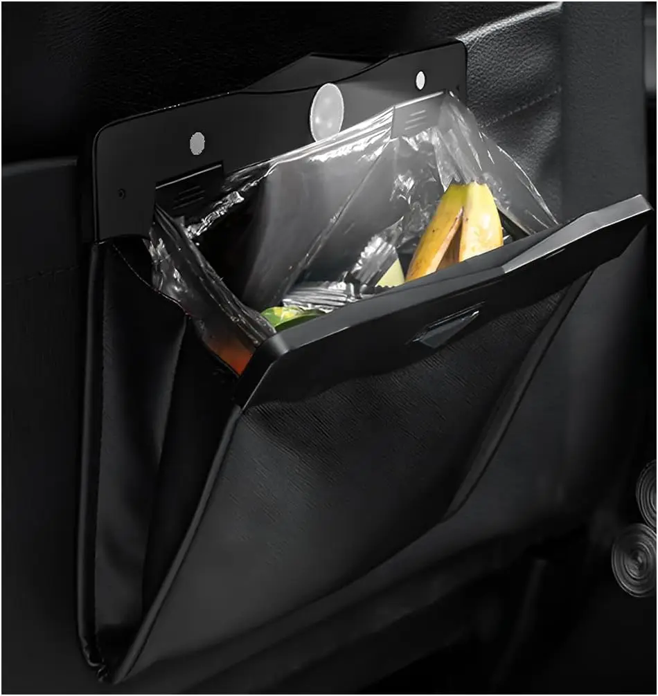 

Hanging Car Trash Bag, Foldable Magnetic Garbage Can with LED, Waterproof Leather Storage Pocket - Black