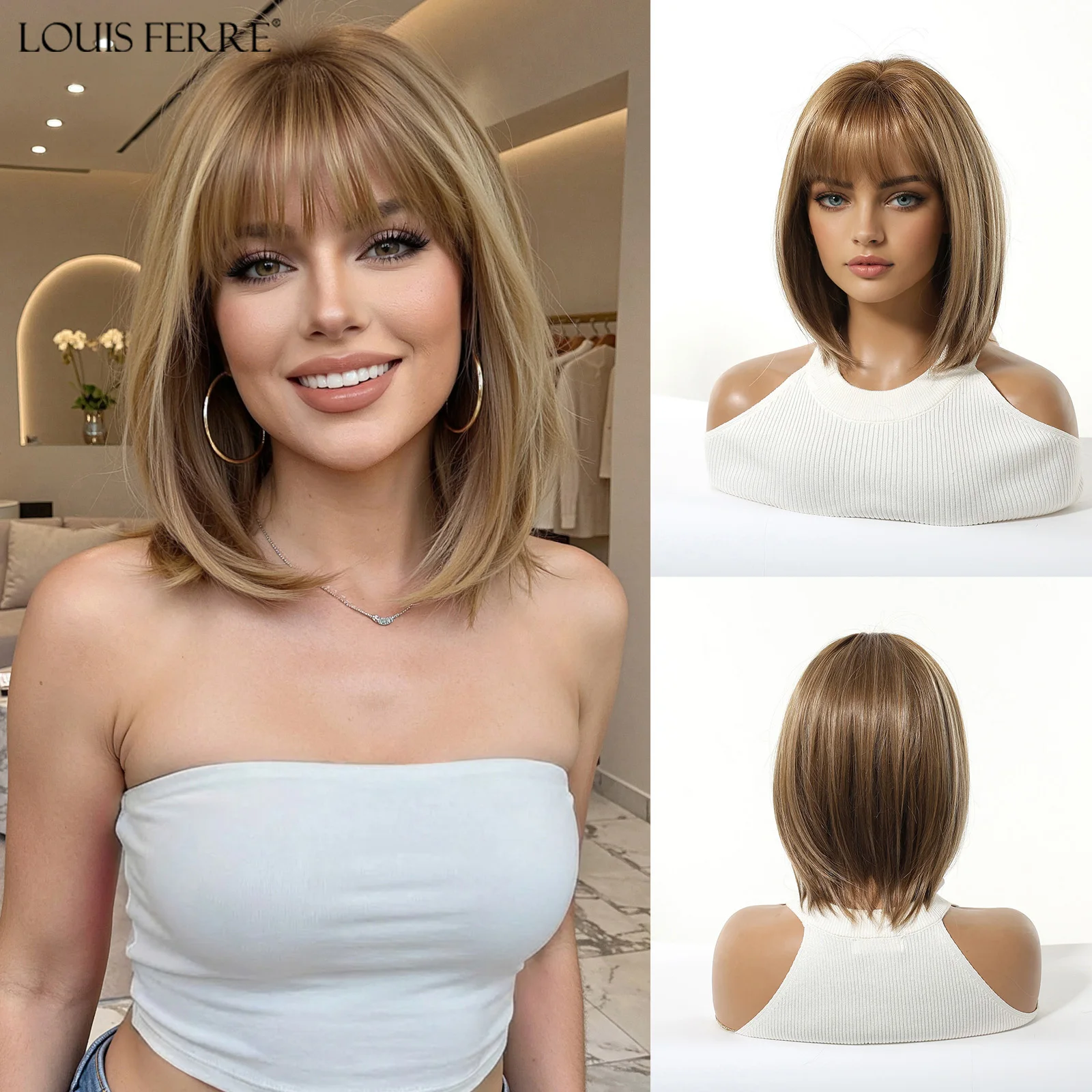 

LOUIS FERRE Mixed Brown Straight Bob Wigs With Bangs For Women Short Synthetic Wigs For Daily Lolita Use Natural Heat Resistant