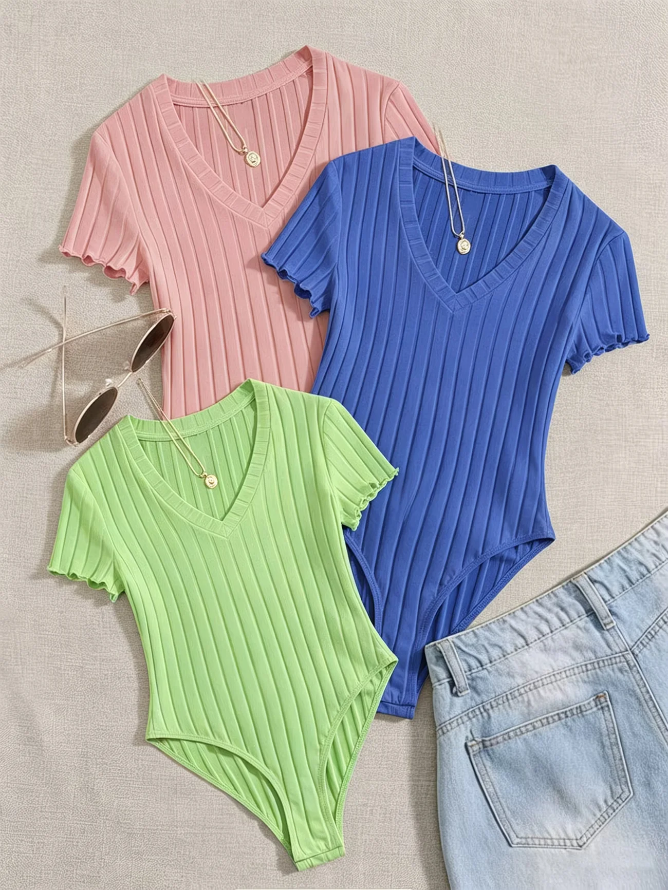 Women 3-Pack Ribbed Knit Bodysuits V Neck Frill Short Sleeve Skinny Stretch Thong Bodysuit Y2K Daily Streetwear Outfit