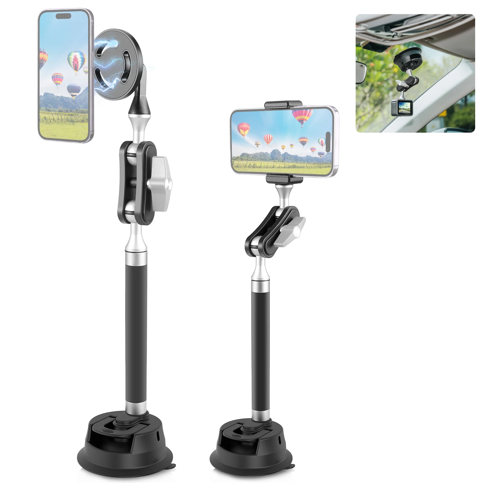 PULUZ Car Suction Cup Arm Mount Phone Tablet Magnetic Holder &Phone Clamp for Gopro /DJI Osmo 360 Cameras for iPhone Smartphones