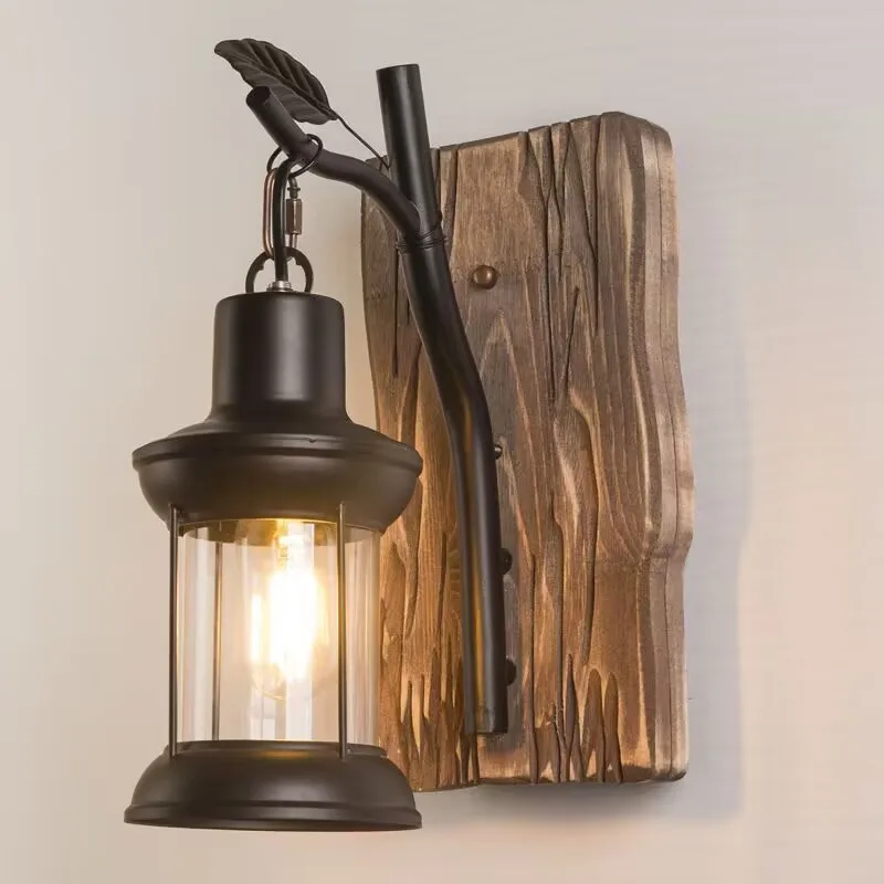 Vintage Industrial Style Solid Wood Bar Nostalgic Cafe Restaurant Boat Wood Decorative Wall Lamp