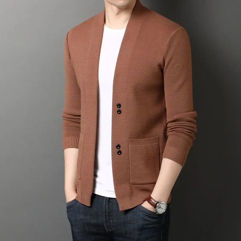 

Korean FashionSpring Autumn New Sweaters Cardigan Coats Men V-Neck Solid Pocket Button Smart Casual Slim Long Sleeve Knitted Top