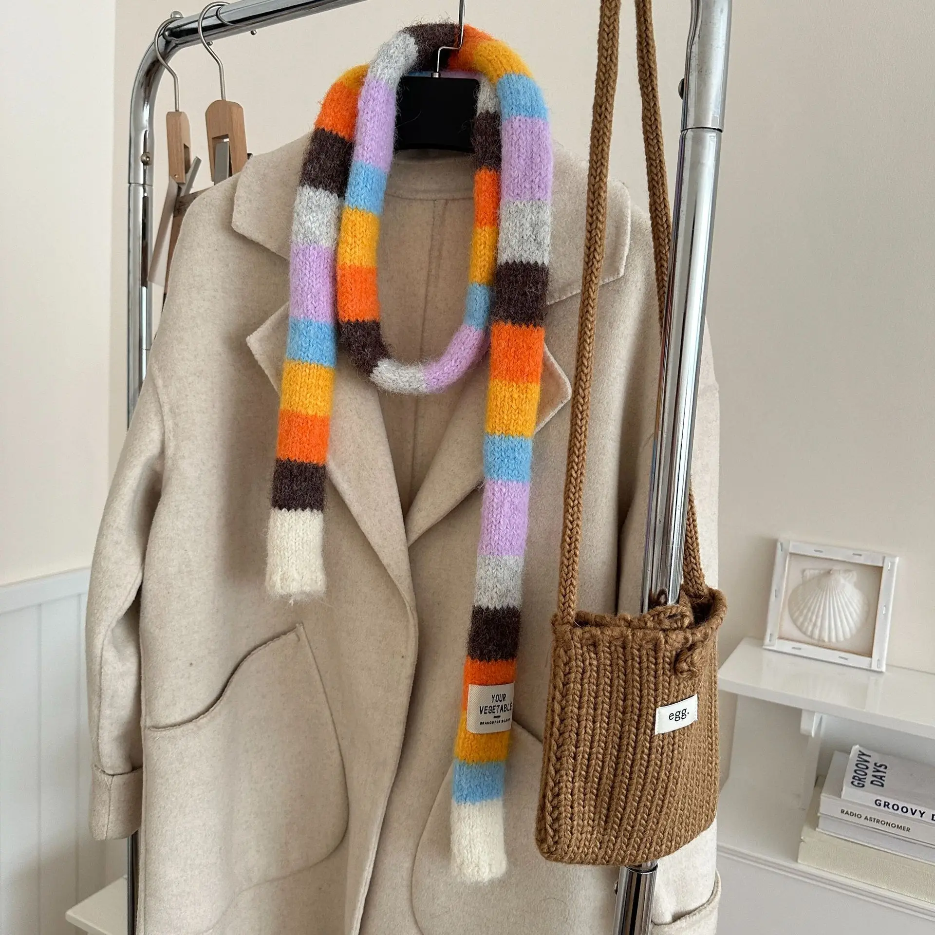 Korean Y2K Striped Scarf Knitted Wool with Colorful Splicing Contrast Long Narrow Scarves Sausage Thin Scarf Winter Scarves Wrap image 6