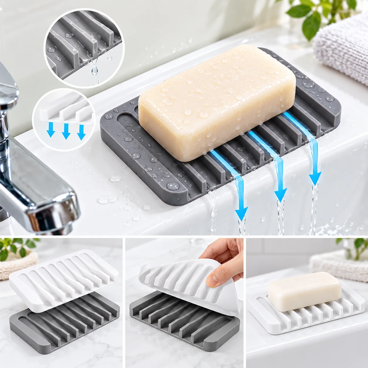 1Pcs Silicone Self Draining Soap Holder Dish Soap Saver for Shower Bathroom Kitchen - Keeps Soap Bars Dry and Clean