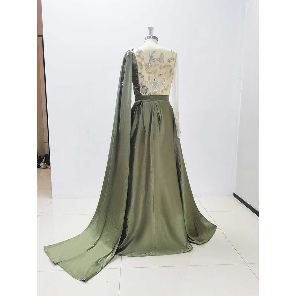 Elegant Party Evening Dress 2024 Green Appliques Sequined Long Sleeve A-Line Prom Dresses Special Occasion Chic Luxury Gown