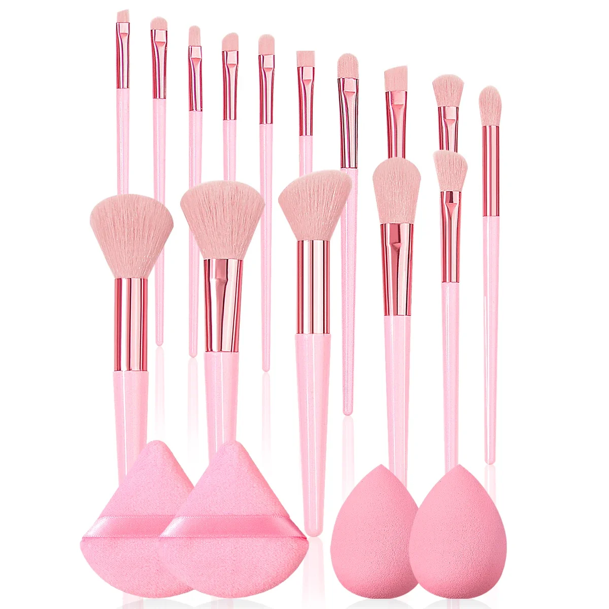 

A 19-piece set of makeuptools:15 makeupbrushes,2 sponge eggs,and 2 triangular powderpuffs,a complete set of portable beautytools
