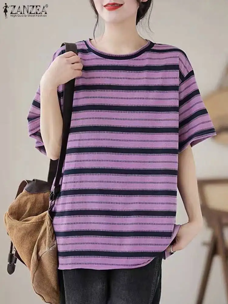 ZANZEA Women Oversized Striped T Shirt Fashion Korean Short Sleeve Tunics Holiday O-Neck Tee Casual Loose Colorblock Tops Femme