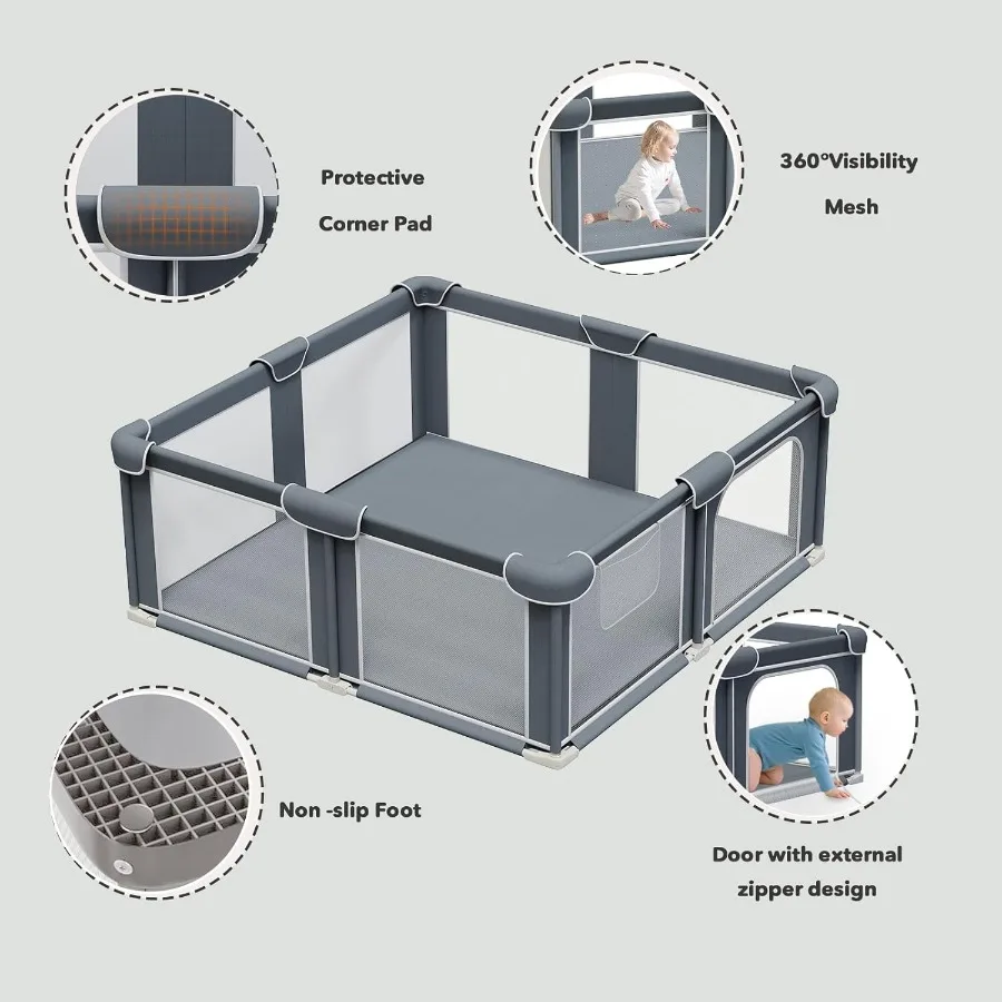 Opvouwbare box voor baby's en peuters 50"x50" Draagbare speeltuin met mat Opvouwbare speelpen met stevig metalen frame en M