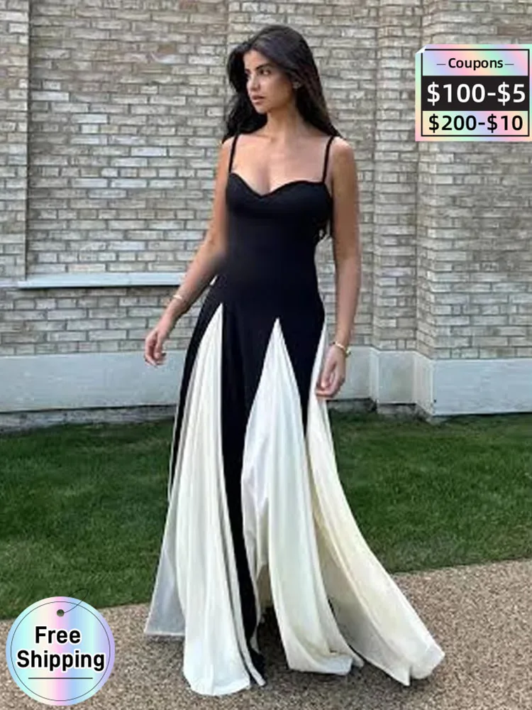 

Elegant Contrast Patchwork A-Line Long Dress – Women’s Spaghetti Strap Sleeveless Formal Party Gown High Street Sling Vestdio