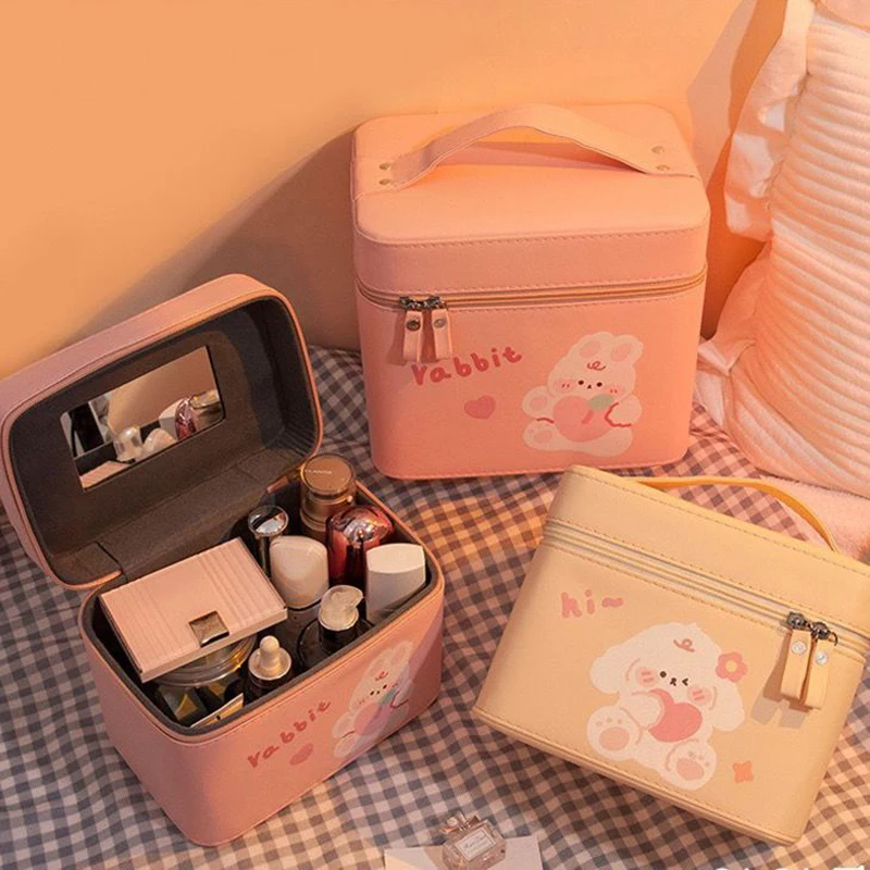 New PU Leather Cosmetic Case with Mirror Cute Makeup Storage Bag Large Capacity Premium Feeling Cosmetic Bag Luxury Makeup Bag