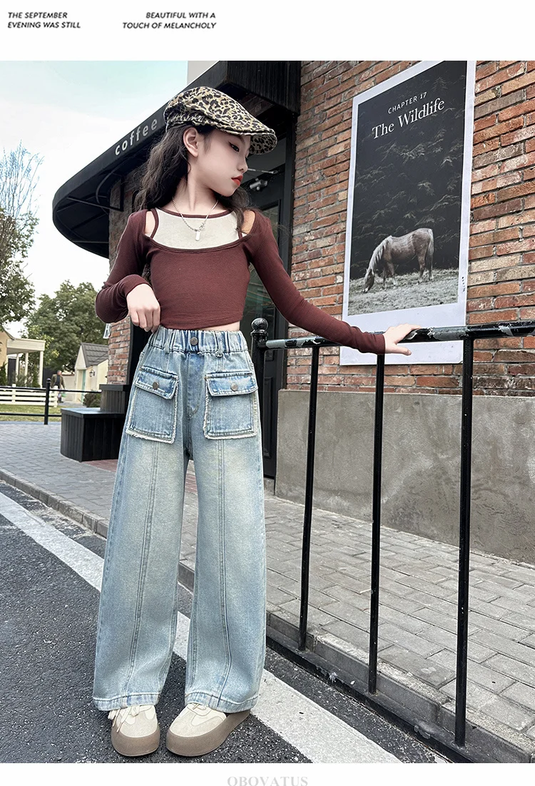 Kinderjeans mit gerader Passform und Fronttasche für Mädchen, Frühling, Baumwolle, Vintage, lässige, lockere Denim-Hose, einfarbige Jeanshose für Kinder – Detail 8