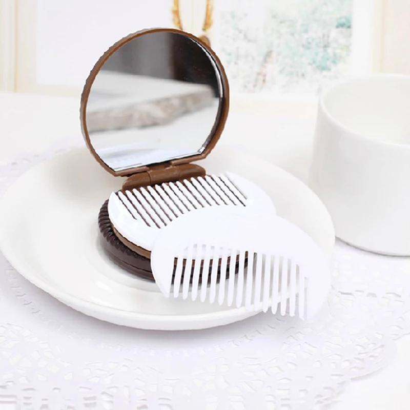 Miroir de maquillage pliant rond pour femme, biscuit au chocolat, Ins Kawai, miroirs de poche extérieurs, petit miroir de cacao avec peignes, café noir