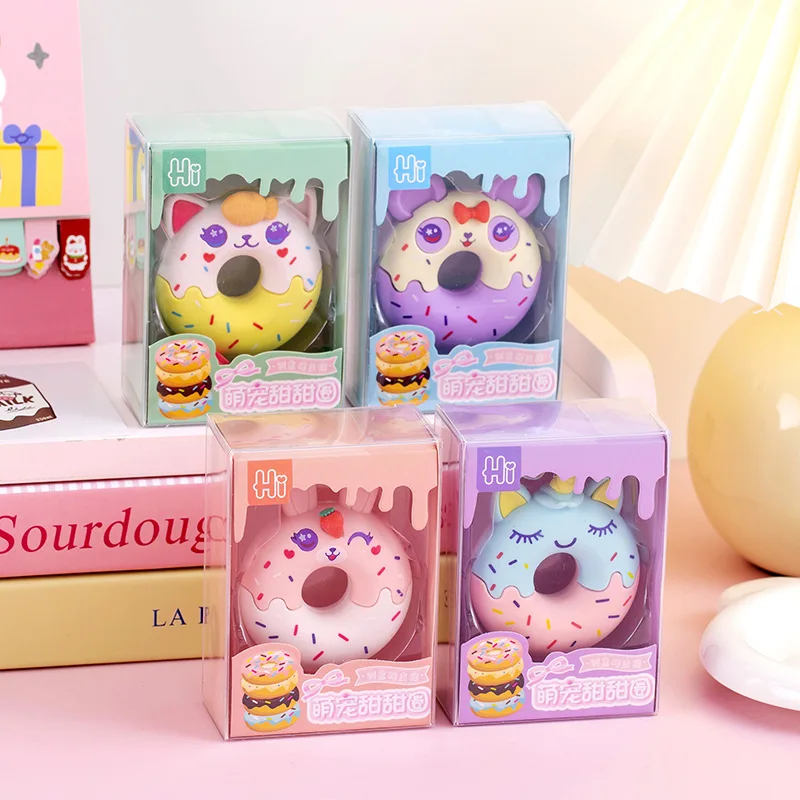 4 Box  Big Cute Donut Cartoon  Pencil Eraser Stationery Set, Student Prizes, Gifts, Commemorative  Rewards,Box Packing