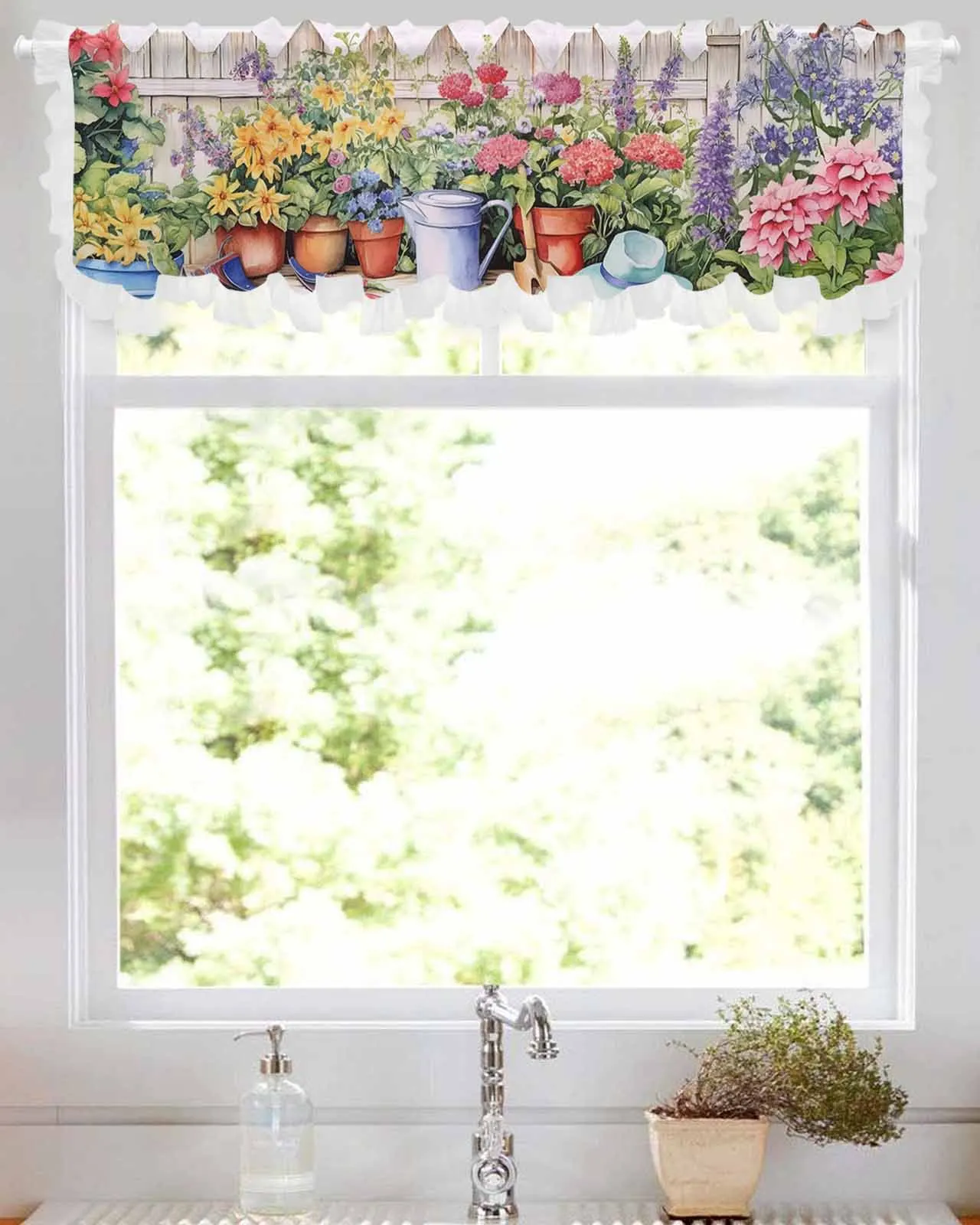 Watercolor Country Garden Plant Flower Short Tulle Half Curtains for Living Room Kitchen Door Cafe Window Sheer Valance Drapes