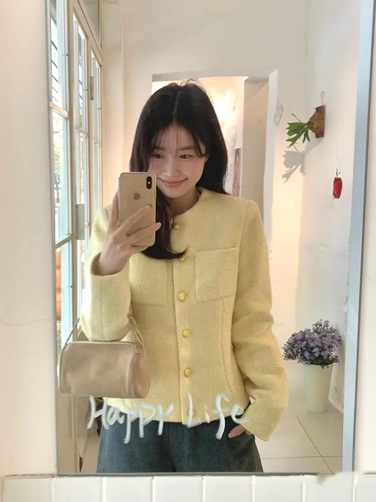 New Fall Fashion Women Yellow Short Jacket French Style O Neck Long Sleeve Elegant Slim Coat Cardigan Long Sleeve Chic Outwear