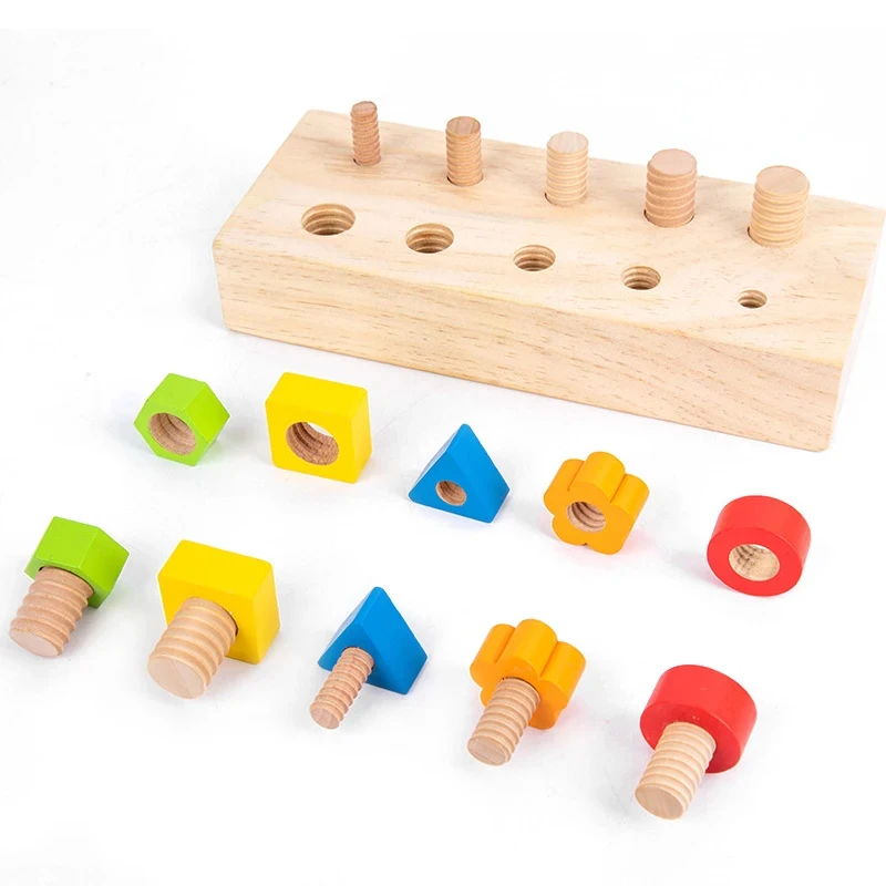 Montessori Wooden Toys Nut Bolts Color Shape Kids Fine Motor Skill Screw Board Size Matching Cognition Game Education Sensory