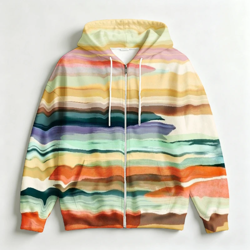 Men Full Zip Up Hoodie Vibrant Watercolor Gradient Stripe Graphic Oversized Loose Breathable Art Trend Daily Street Hooded Tops