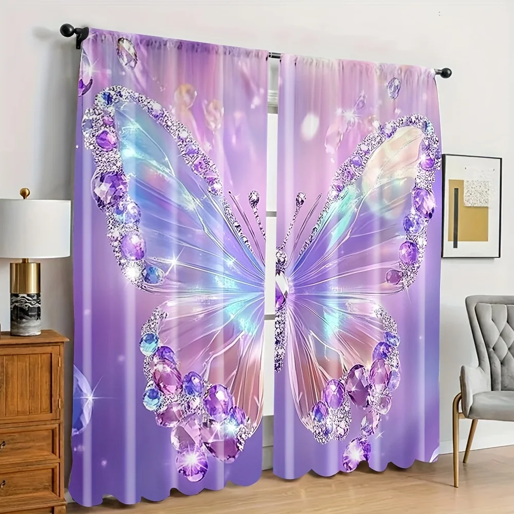 2pcs Butterfly Curtains Purple Gemstone Wing Print Drape Girls Room Bedroom Window Treatment Fantasy Home Decor Panels