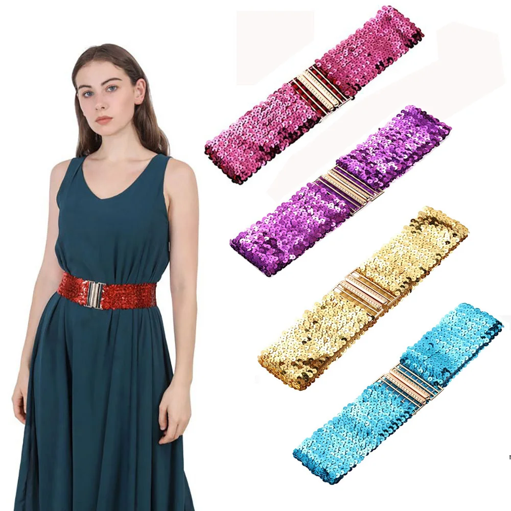 New Colorful Waistband Corset Belt Wide Waist Belt Fashion Gold Buckle Elastic Sequin Stretch Belt Women Girl Dresses Belt 60cm