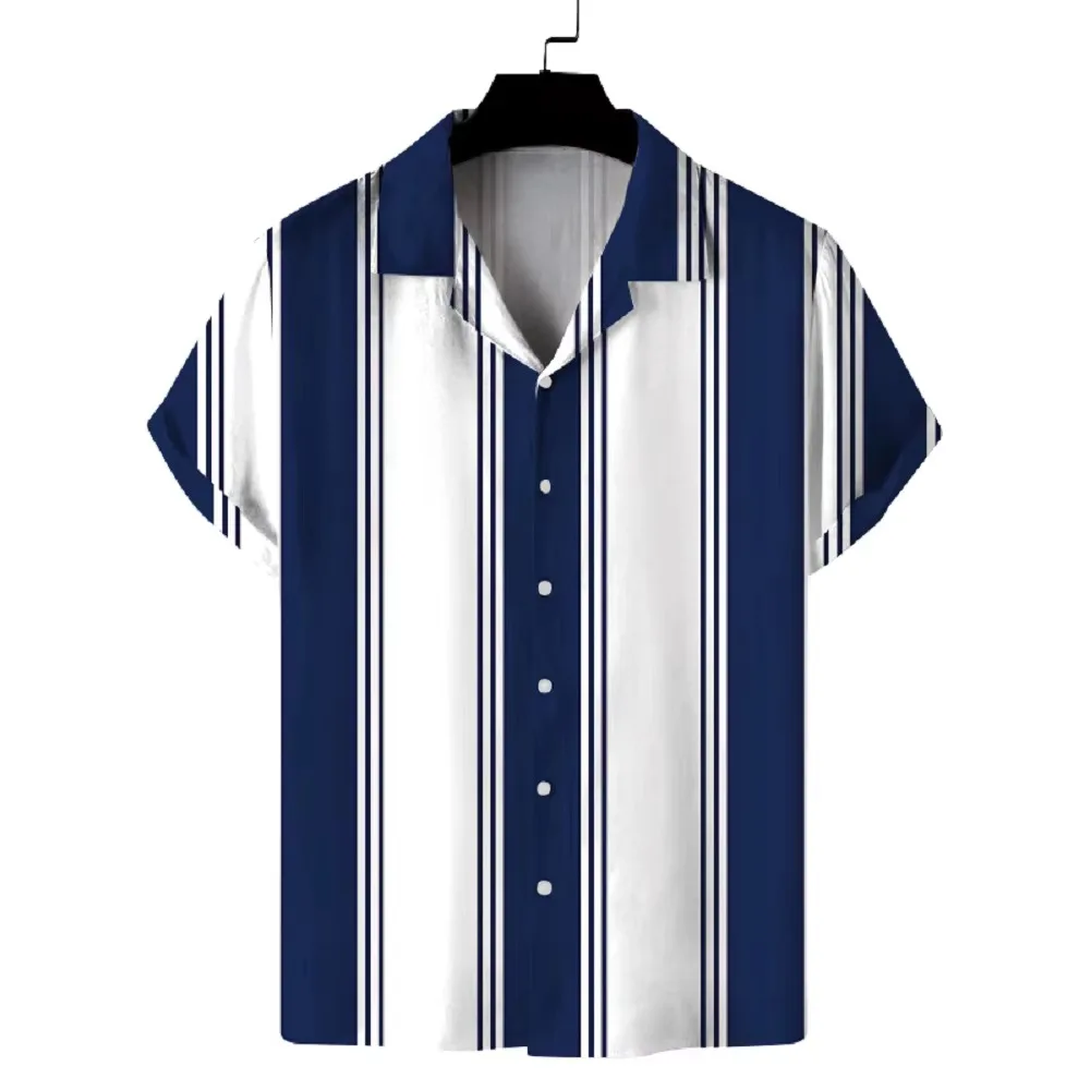 New Men's Striped Short Sleeved Lapel Shirt, Fashionable and Personalized Hawaiian Shirt, Summer Versatile Top