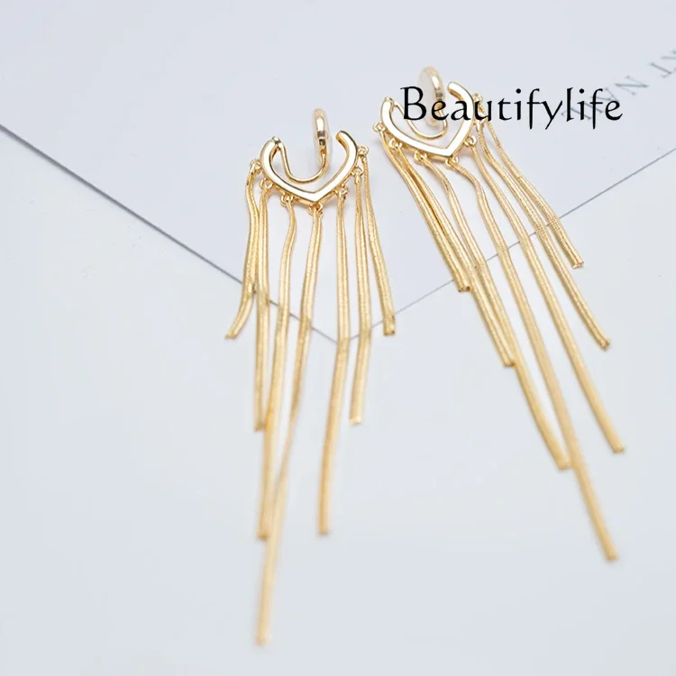 

Super long tassel shows small face without ear holes, female golden temperament advanced sense, niche autumn and winter earrings
