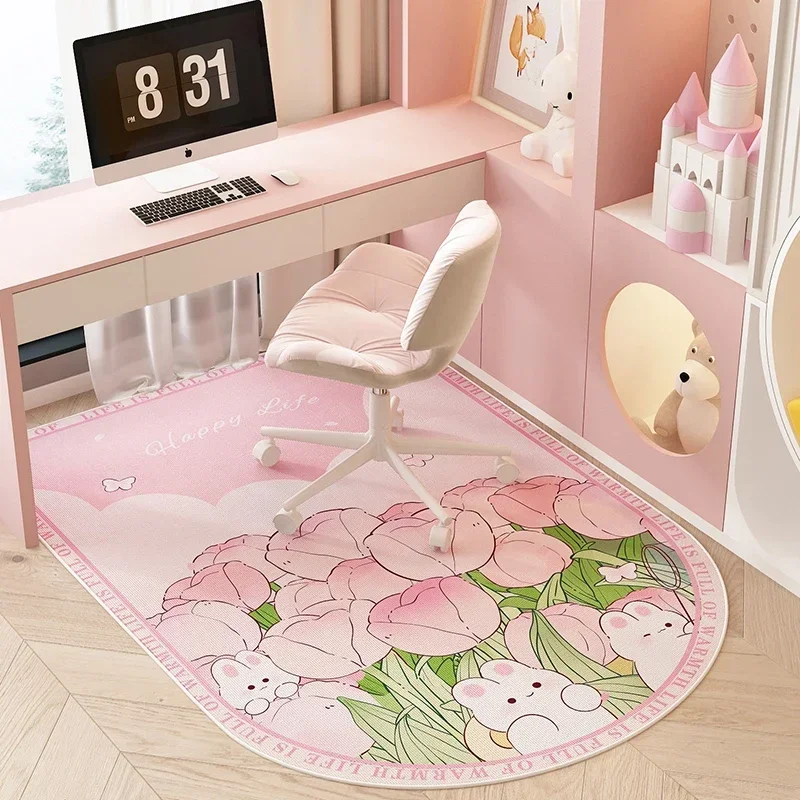 Pink Rabbit Pattern Semicircular Bedroom Carpet Cute Cartoon Style Computer Desk Rug Desks Decoration Swivel Chair Anti-slip Mat