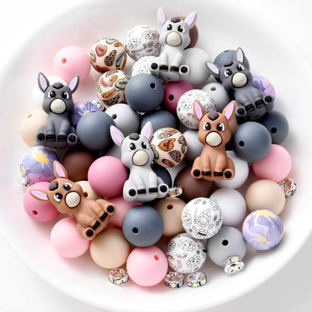 30Pcs Donkey Silicone Beads Loose Spaced Beads Set For DIY Baby Pacifier Chain Pendant Necklace Gift Accessories