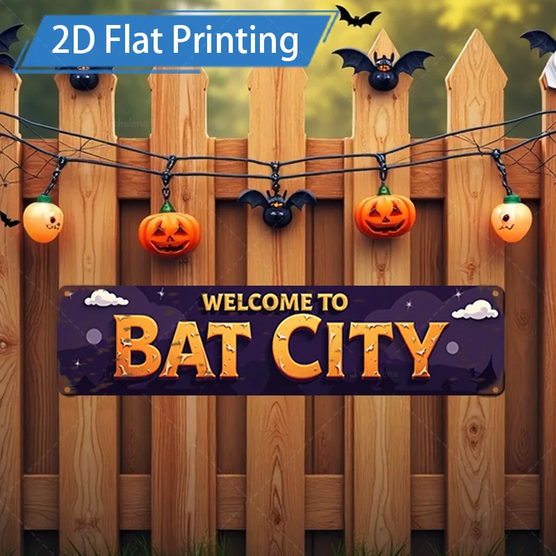 

1pc Metal Sign, 4x16inch Halloween Bat City Sign Flat Print Decor for Party Fence Art