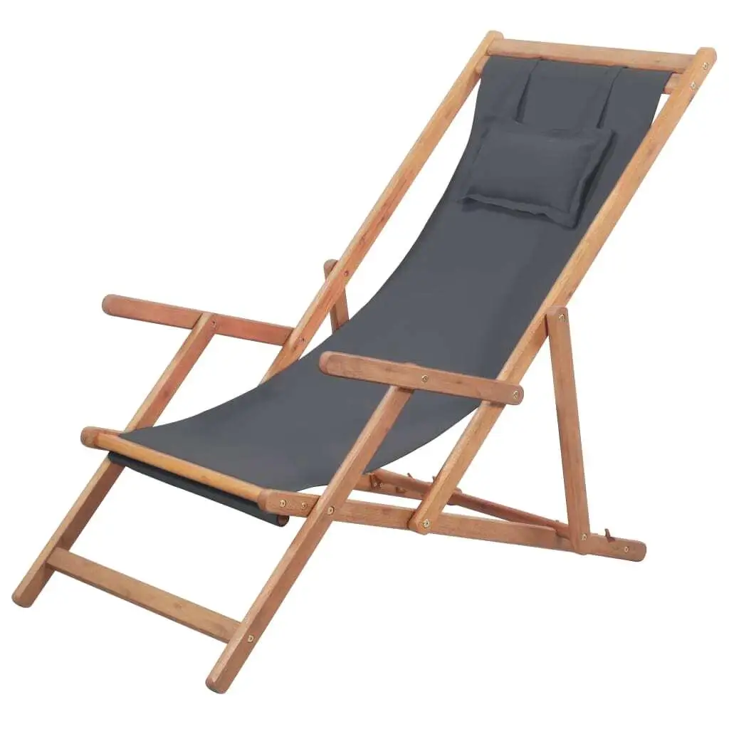 Gray Folding Beach Chair with Wooden Frame and Durable Fabric - Portable Outdoor Relaxation Seat