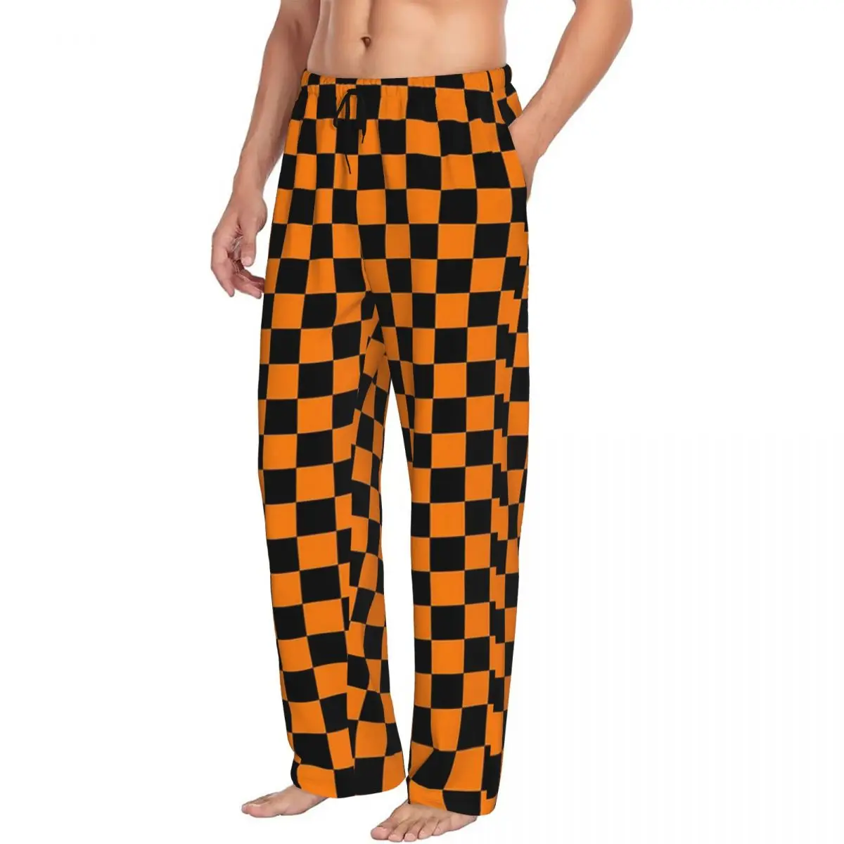 Custom Checkered Black And Orange Checkerboard Men Pajama Pants Lounge Sleep Sleepwear Bottoms with Pockets
